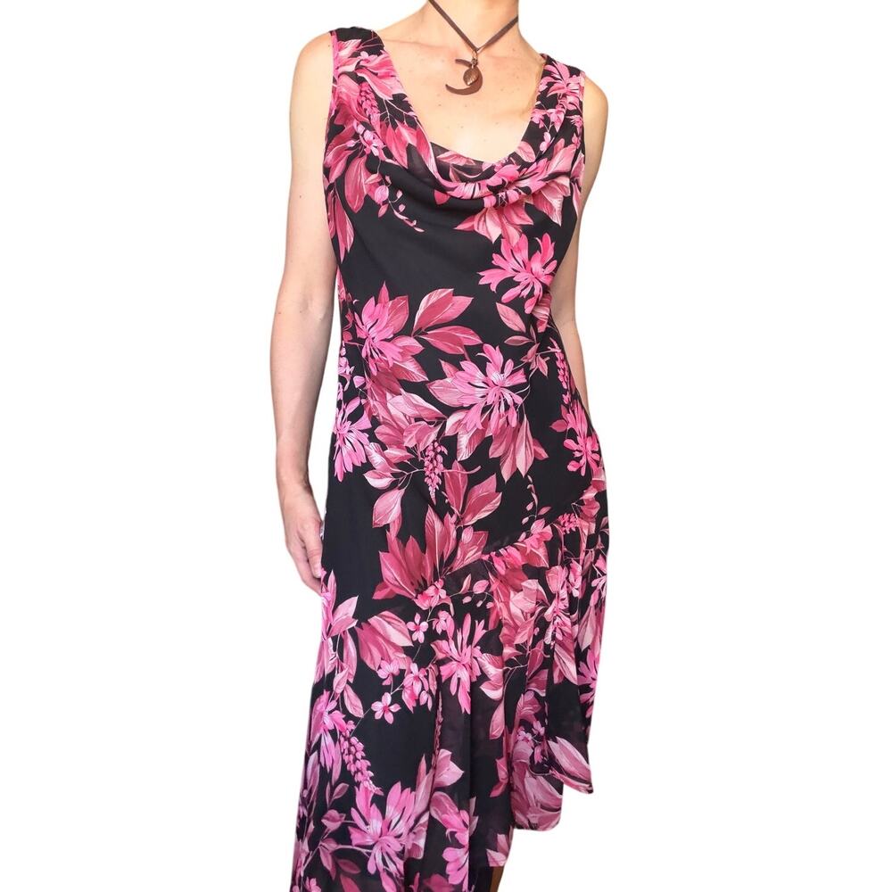 Connected Apparel Whimsygoth Pink Floral Cowl Neck Midi Dress Size 14